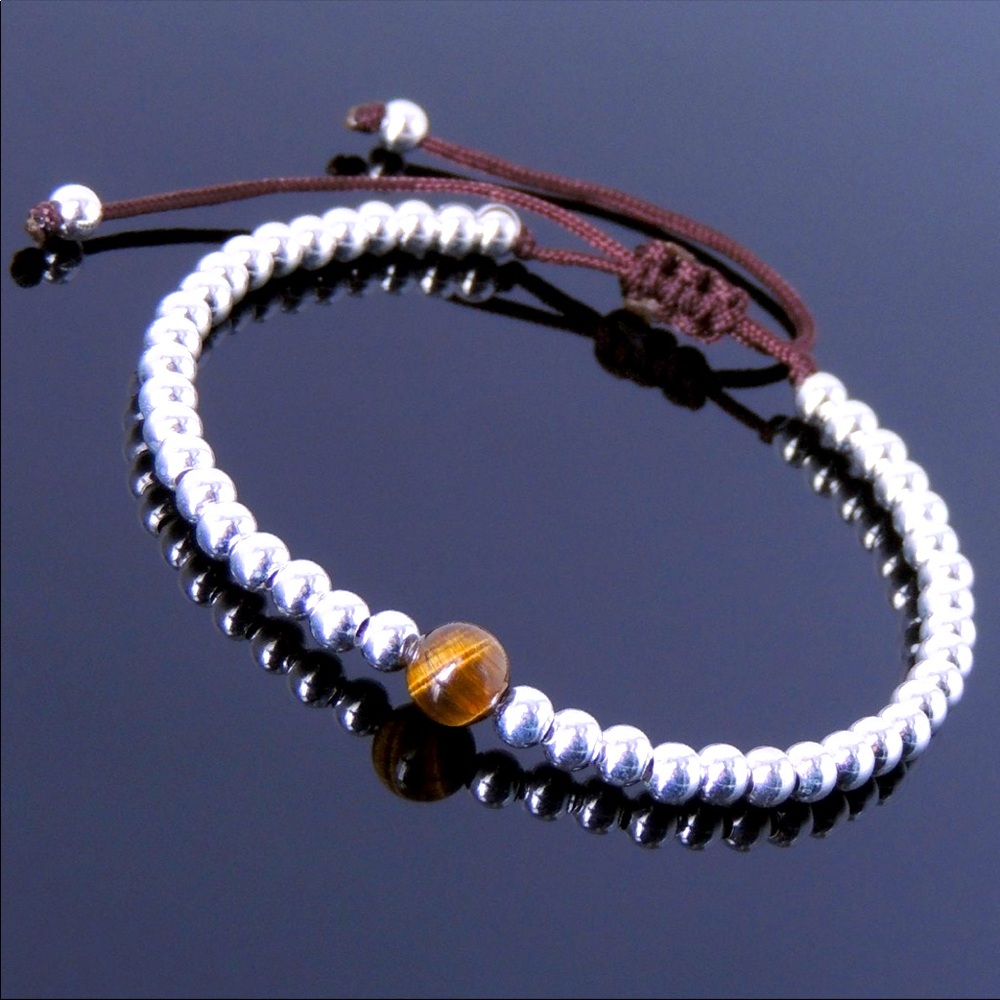 Tiger Eye & Sterling Silver Beaded Bracelet For Women & men